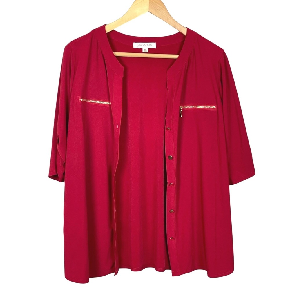 Joie de Vivre Women Red Button Front Roll Tab Sleeve Zipper Blouse XL 7134M03AV - Picture 4 of 12